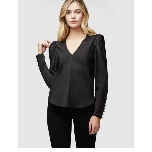 FRAME 100% Silk Shirred V-Neck Top Noir Size Large - Picture 2 of 7